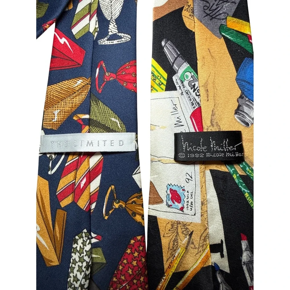 Vintage Nicole Miller 1992 Art Silk Tie & The Limited Novelty Tie Lot of 2 Mens